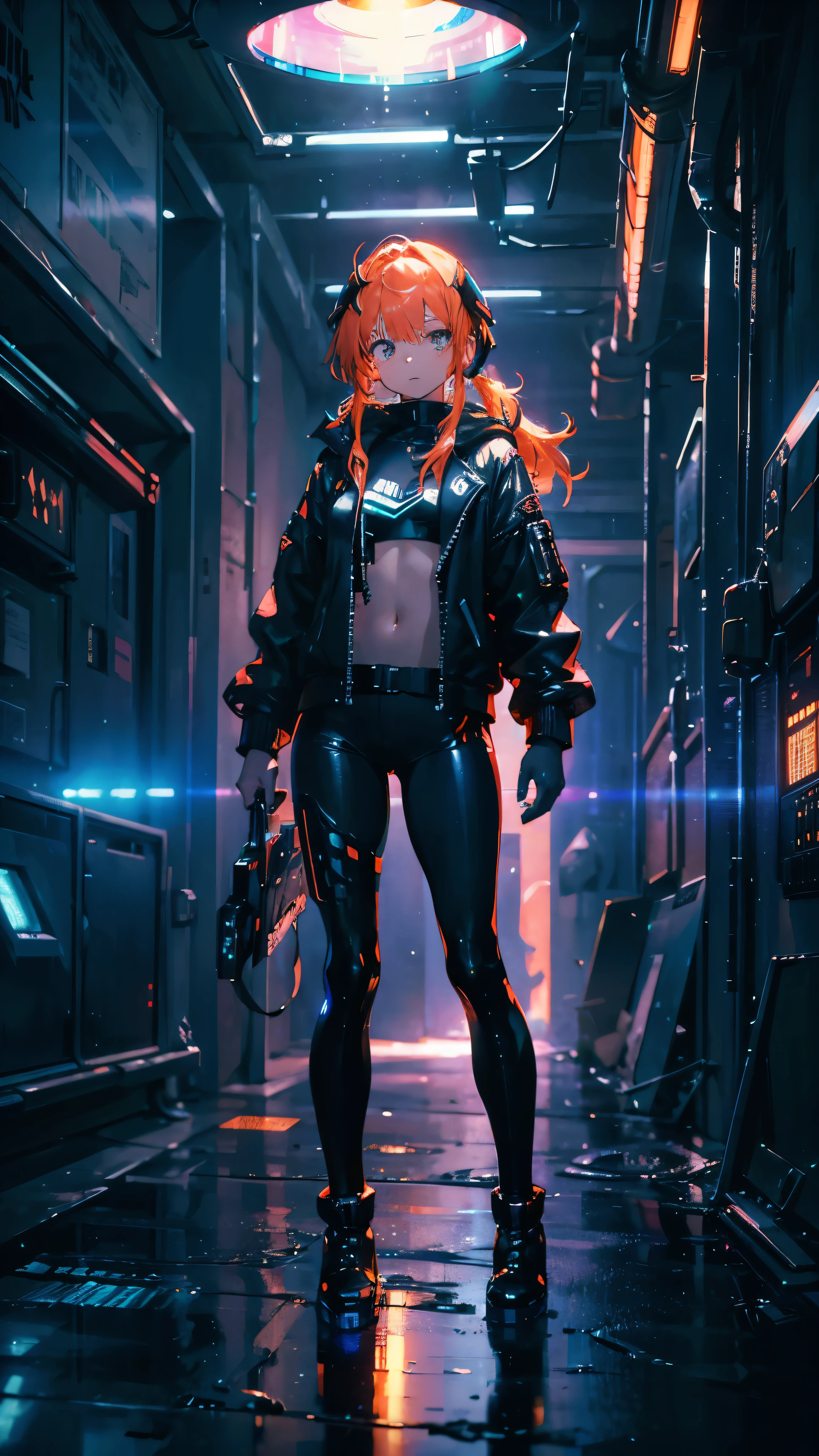 (((Shine, hologram, Blurred, Digital Dissolve, cyber punk, Melting clothes, Dissolving Body, Glitch))), Combat Stance, View your viewers, ultra detailed, Highest quality, beautiful, detailed, alone, One person, Redhead, Orange eyes, Amber Eyes, Swept-apart bangs, Parted bangs, Low twin tails, short hair, Medium Hair, Small breasts, (tsurime:1.2), leggings, leather jacket, Long shirt, Combat Boots, hoodie, Surrealism, cinematic lighting, masterpiece, UHD, high details, best quality, highres, 8k