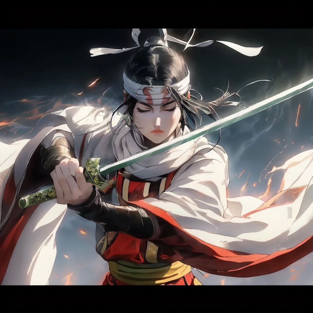 masterpiece, highest quality, 1 girl, closed eyes. Dynamic portrait of young Japanese warrior woman, three-quarter view facing right. Closed eyes, furrowed brows. Long black hair in high ponytail, loose strands framing face. White headband with green gem. Pale skin, pink cheeks and lips. White kosode, red hakama, green-yellow obi, dark arm wraps. Gripping katana diagonally, ornate green and gold hilt. Motion-filled pose, flowing clothing and hair. Dark, abstract background with no distinct objects or scenery. Hints of orange-red suggesting embers or energy, floating sparks. Dramatic lighting from upper left, creating rim light effect. Style blends traditional Japanese art with modern fantasy, emphasizing clean lines, movement, and power.

