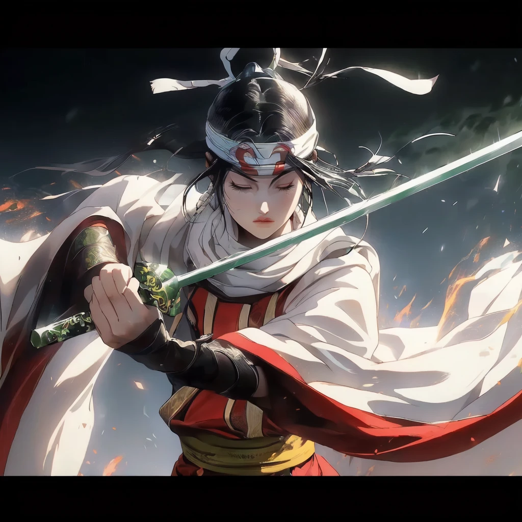 masterpiece, highest quality, 1 girl, closed eyes. Dynamic portrait of young Japanese warrior woman, three-quarter view facing right. Closed eyes, furrowed brows. Long black hair in high ponytail, loose strands framing face. White headband with green gem. Pale skin, pink cheeks and lips. White kosode, red hakama, green-yellow obi, dark arm wraps. Gripping katana diagonally, ornate green and gold hilt. Motion-filled pose, flowing clothing and hair. Dark, abstract background with no distinct objects or scenery. Hints of orange-red suggesting embers or energy, floating sparks. Dramatic lighting from upper left, creating rim light effect. Style blends traditional Japanese art with modern fantasy, emphasizing clean lines, movement, and power.