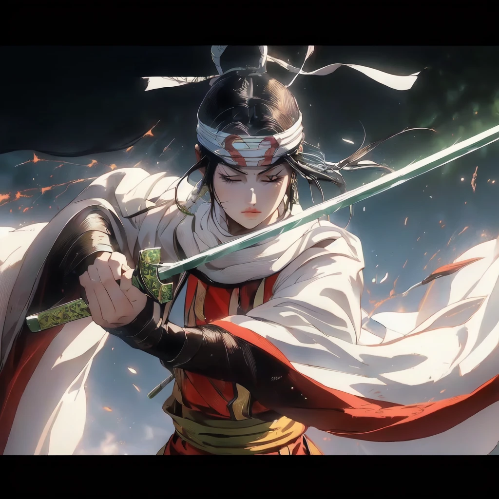 masterpiece, highest quality, 1 girl, closed eyes. Dynamic portrait of young Japanese warrior woman, three-quarter view facing right. Closed eyes, furrowed brows. Long black hair in high ponytail, loose strands framing face. White headband with green gem. Pale skin, pink cheeks and lips. White kosode, red hakama, green-yellow obi, dark arm wraps. Gripping katana diagonally, ornate green and gold hilt. Motion-filled pose, flowing clothing and hair. Dark, abstract background with no distinct objects or scenery. Hints of orange-red suggesting embers or energy, floating sparks. Dramatic lighting from upper left, creating rim light effect. Style blends traditional Japanese art with modern fantasy, emphasizing clean lines, movement, and power.
