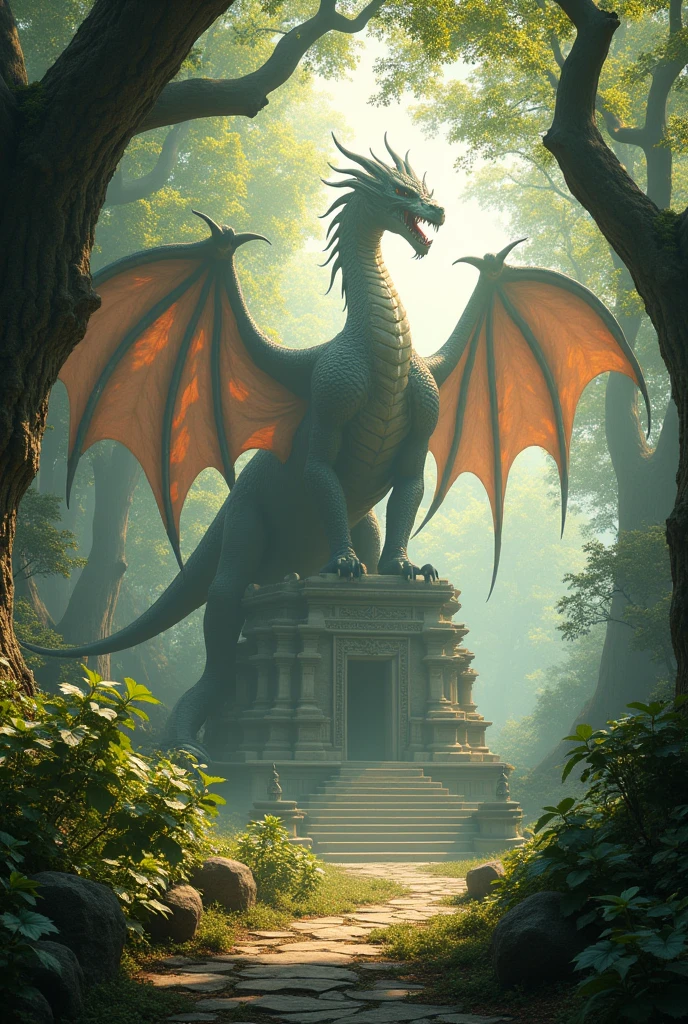 A majestic dragon wearing a cape, defending a temple in the forest