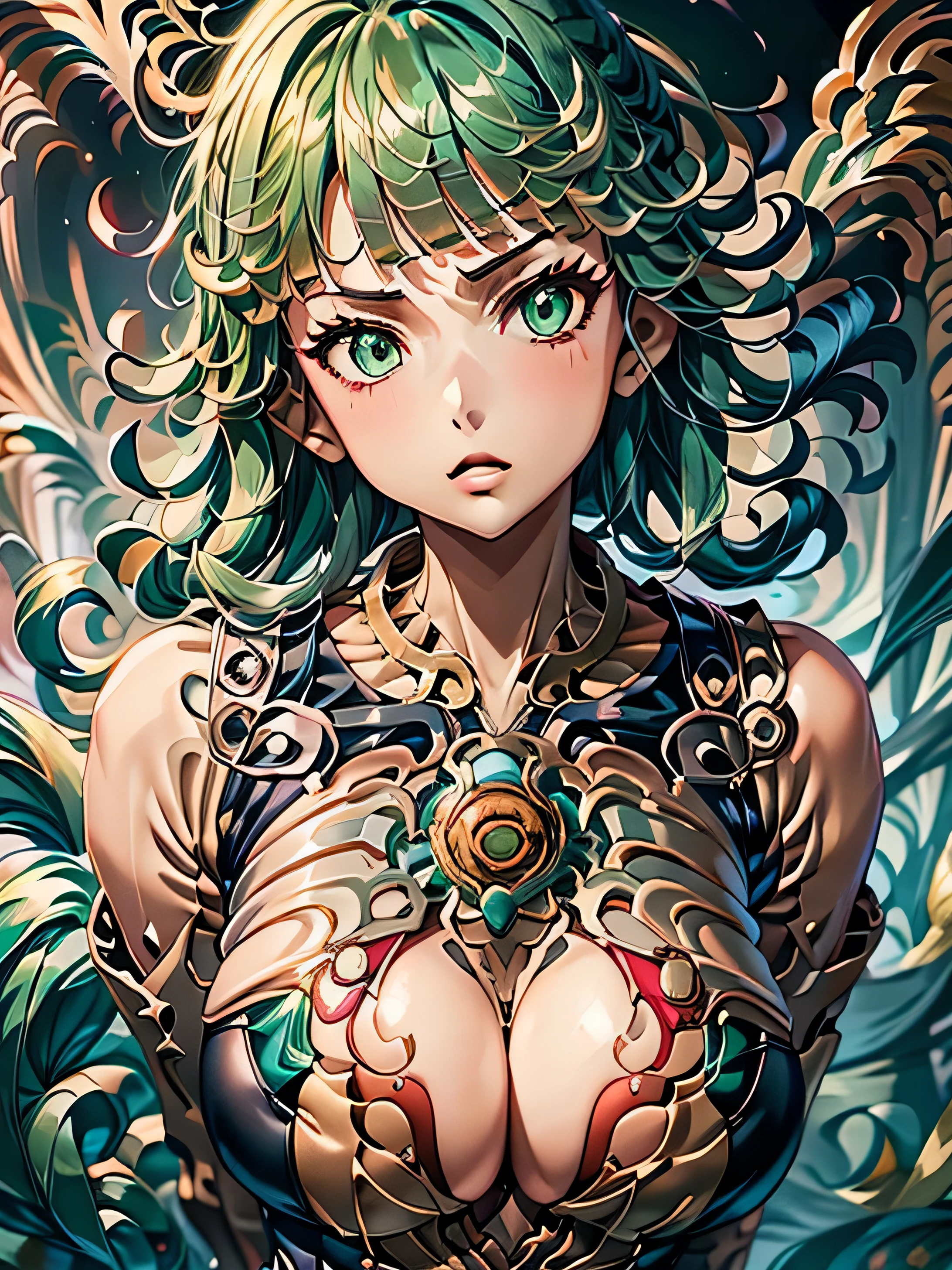 (Tatsumaki), (One Punch Man), big detailed green eyes, green hair, (green eyes), green and gold color palette, Official art, Unity 8k Wallpaper, Ultra-detail, Beautiful and aesthetic, masterpiece, Best Quality, (zentangle, mandalas, Tangle, Entangle), (fractal art:1.3) , 1girl, perfect tits, Extremely detailed, Dynamic Angle, Most Beautiful Form of Chaos, elegant, a brutalist designed, vivd colour, romanticism, Atmospheric, arms behind back, (gold metallic pasties), shiny skin, sexy pose, ((black background)), gold dust, heavy blushing, upper body, straight on, gold metallic flowers, ornate gold elements, gold overload,
