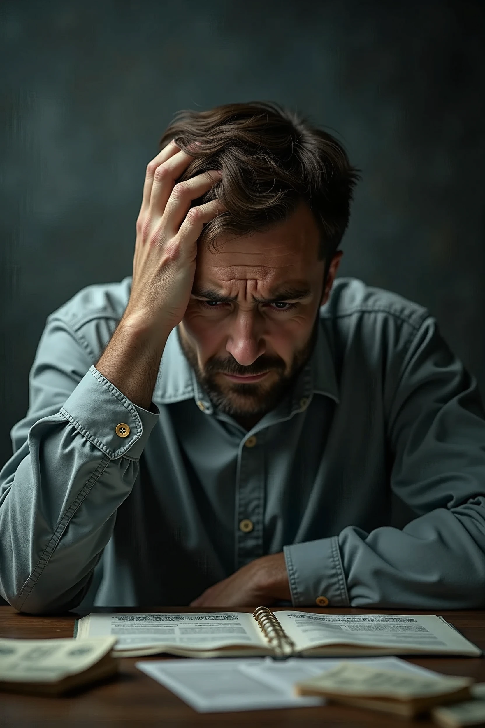 Create a high-definition image that captures the intense essence of a person in debt. | Visualize a person worried with their hand on their head, He's worried, exhaling an air of cold composure. The background should evoke a sad and heavy atmosphere., | The composition should emphasize the expression of this person