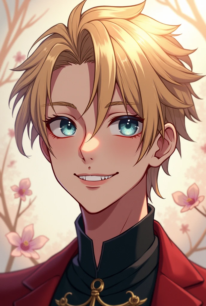 A man with very light blond hair, blue eyes, pale skin, kind, smiling with notable fangs, anime style