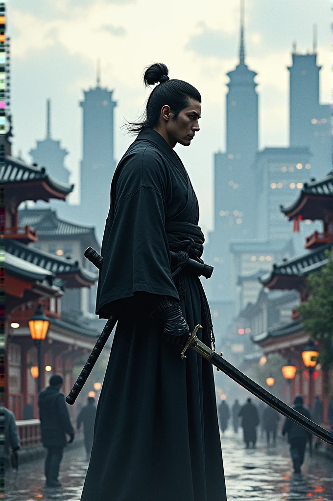 A samurai in black clothes holding a sword, in the background a Japanese city