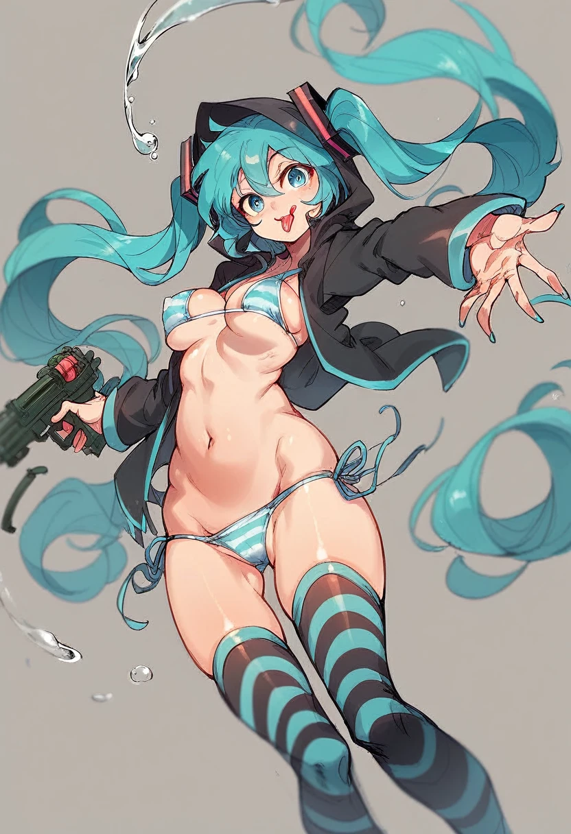  hatsune_miku highres 1girl bikini blue_eyes blue_hair breasts hair_through_hood holding holding_water_gun hood hood_up hoodie long_hair long_sleeves navel one_eye_closed side-tie_bikini_bottom sketch smile solo striped_bikini striped_clothes striped_thighhighs swimsuit thighhighs tongue tongue_out twintails vertical-striped_bikini vertical-striped_clothes vertical-striped_thighhighs very_long_hair water_gun covered_nipples bouncing_breasts