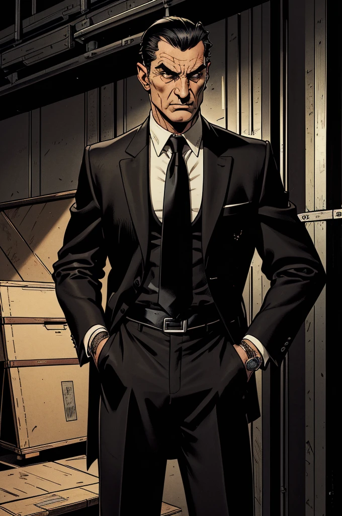 old caucasian man, 50 years old, ((short black slick back hair)), triangular face, mean face, black eyes, piercing gaze, long nose, small mouth thin lips, sideburns, endomorphic body type in shape, tall, ((wearing a black traditional normal suit with a black normal tie)), (in a warehouse), chiaroscuro, close-up, UHD, masterpiece, accurate, anatomically correct, textured skin, super detail, high details, high quality, award winning, best quality, highres