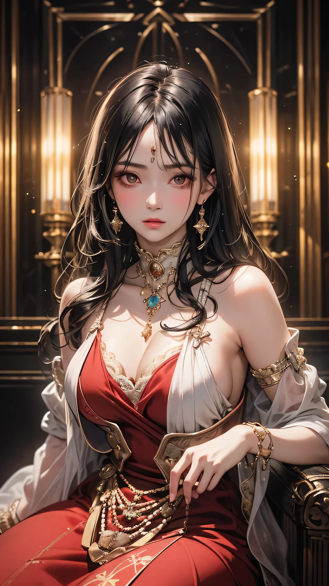 Highest quality, masterpiece, Ultra-high resolution, (Realistic: 1.4), RAW Photos, 1 person, Black Hair, Glowing Skin, (Beautifully detailed face), (Beautiful attention to detail),Dramatic lighting, whole body,, Red dress, huge