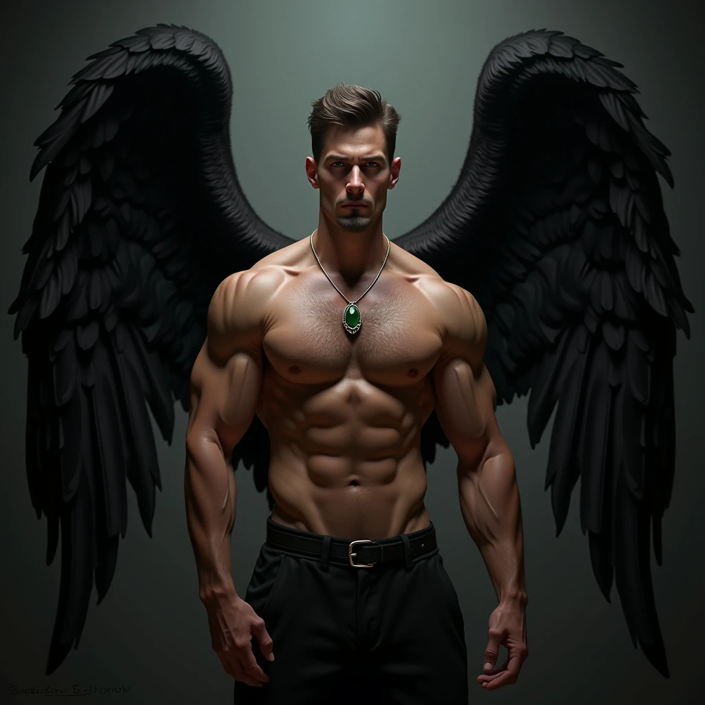 ((fallen Angel! large black angel wings! perfect composition)) ((Unintentionally exposing chest muscles.)) body hair, ((chest hair++)), elegant macho, male face, attractive face, Elegant and attractive, elegant hombre, Attractive man, elegant, posing attractive, Attractive man, 30 year old man！Raise your little head, Chimney ((first portrait!)) Headspace! Charming and serious look (hombre elegant，Minimal Dress,  in an embarrassing position，Perfect body anatomy，Beautiful man face detail，perfect foot，perfect hand！Ultra low angle shot! An image of a character wearing a necklace with an emerald crystal, realistic muscles, human representation style, meritocracy, the romantic academy, State-sanctioned Violence, whole body, dark gym, coloring Waiting to start.