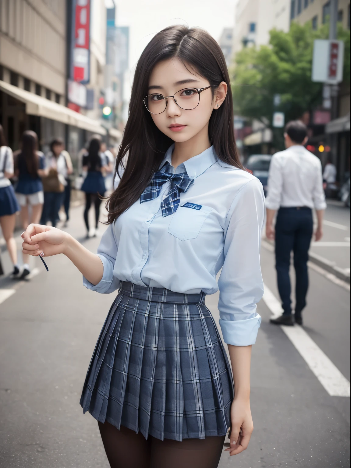 (8k、生photograph、 Highest quality、masterpiece:1.2)、(Shortcuts)、(Small eyes)、((Black Pantyhose))、((Small breasts)、(Small breasts)、(Small breasts)、(Cutting board)、(Half an eye))、((Sleepy eyes))、((Squint your eyes))、(Round Glasses)、Droopy eyes、One person、cute、JK、high school girl、Japanese women、(Are standing)、(PhotoReactive:1.37)、Photon Mapping、Real、(Very delicate face)、round face、cute小さな顔、Brown eyes、(Red bow tie)、Radio City、Physically Based Rendering、Prospect、Character boundary depth、Blurred Background、photograph、、body、Beautiful feet、Long legs、Thin legs、(前hairが見える)、hair、lips、Blue_The目、Soft Nose、(Light blue shirt)、(Navy, blue and white plaid pleated skirt)、High school uniforms、See-through clothing、Thighs、black cotton socks、Nogizaka Idol、Japanese Idol