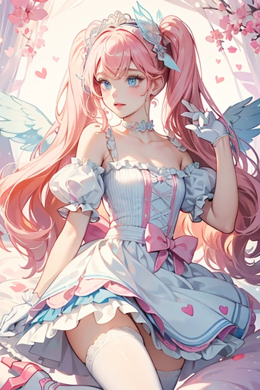 Jessicake has pale blue eyes and wears pale pink lipstick, light blush, and pale blue eye-shadow. Her hair is worn in two, thickly curled pigtails and her bangs are partially brushed to the side, with her forelocks framing her face. She has streaks of peach throughout her hair, and she wears a white headband with a wing and cupcake on each side. She wears a white dress with wing sleeves and a winged cupcake ornament at the middle connected to her frilly choker. Her skirt is scalloped in two layers with both peach and apricot lining, the top of which has an apricot stylized heart pattern, the second having a pattern of white and pale blue stripes with alternate colored hearts around the bottom. Hanging from the back are scalloped white and pale blue striped ribbon tails. Her white heels are two pale pink gem hearts at the center connected to apricot fabric going up the leg. She also wears white frilly gloves with apricot bracelets, and she has sprinkle wings. SPARKLE; GLITTER