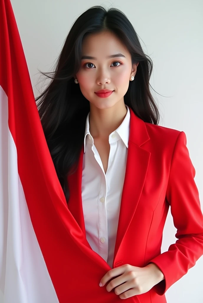 Portrait, Beauty Woman, Long Hair, Black Hair, Hold Indonesian Flag, Shirt white, Focus Camera, Earring, Blazer Red, Tie Red, White Background