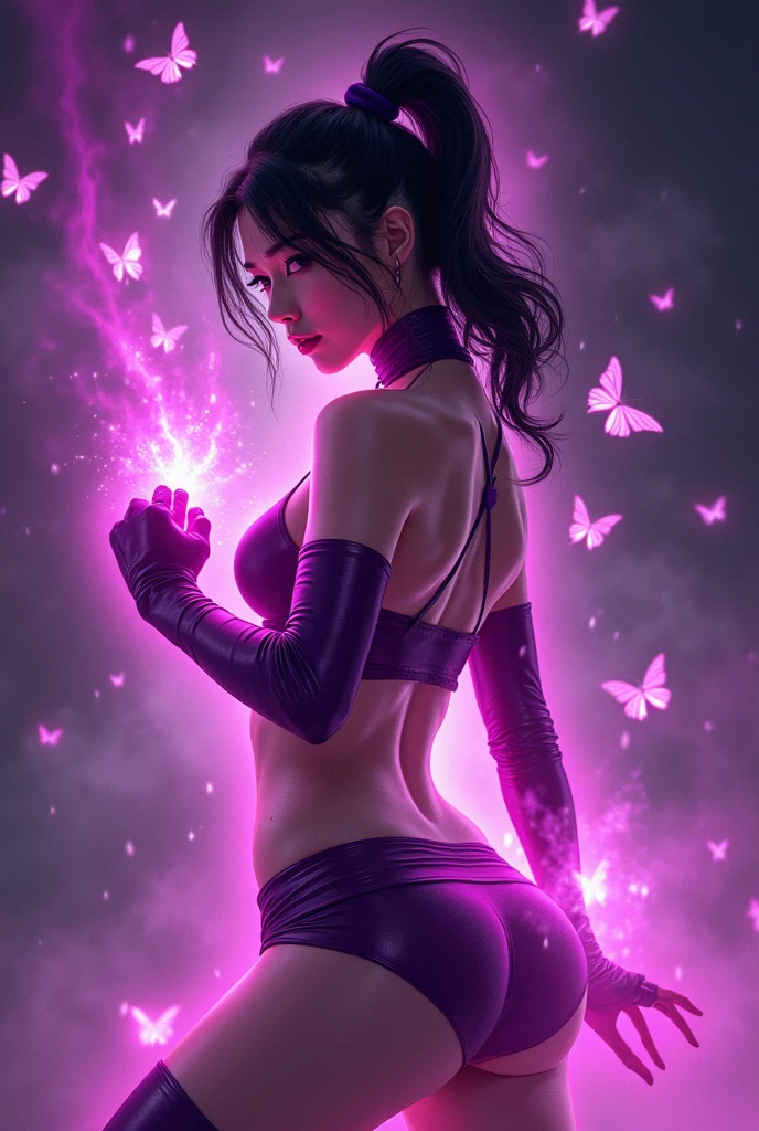 fullbody, portrait Illustration of PSYLOCKE from x-men, an beatiful japanese girl in fight pose envolve in a energy pink aura, little butterflies made of purple energy plasma; dark background, psylocke, realistic, photo-realistic, 8k, highly detailed, full length frame, High detail RAW color art, piercing, diffused soft lighting, shallow depth of field, sharp focus, hyperrealism, cinematic lighting Art by Frankenthaler, Cassatt, O'Keeffe, Vigée Le Brun, Alma Thomas, Gentileschi, Barbara Kruger, Lavinia Fontana, Dutch view, full body shot with Cannon EF 35mm f/1.4L II USM Lens