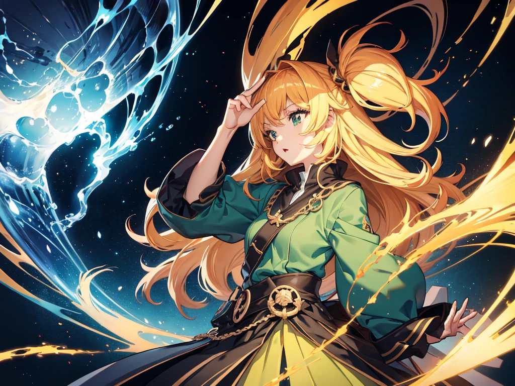 Anime style,girl,side,whole body,Head up,Right hand raised,Dark background,There is green light in the hand