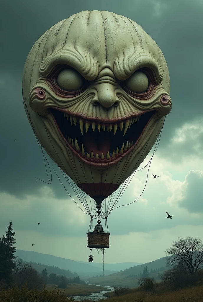 Elaborate a design of a balloon with a face made by x, that it looks a bit like junji ito style