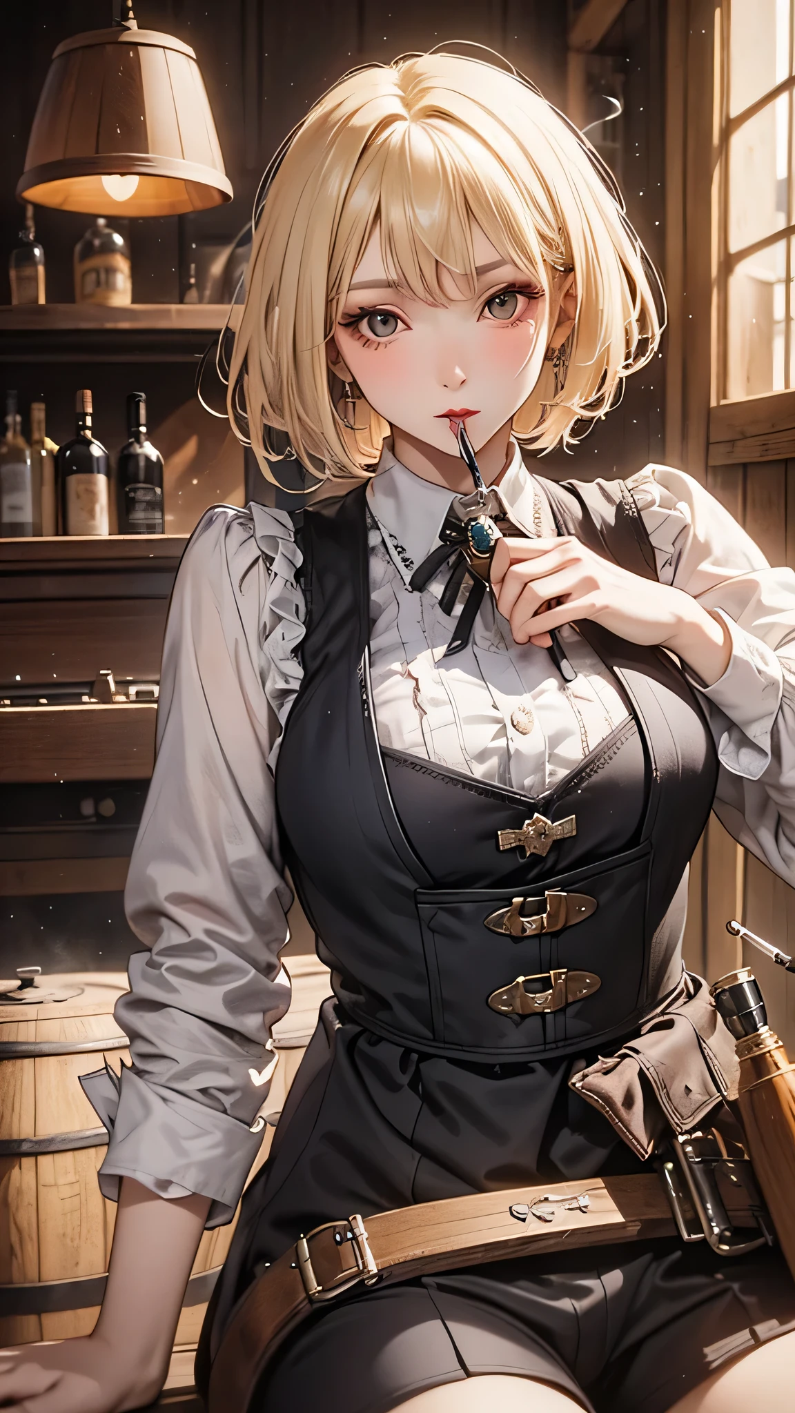 Short-haired female cowboy in a western saloon,blonde,Sitting,Smoking Pipes,table Wisky,piano,6-shot revolver,Barrel,table,Trump,Dust,artwork,3d,4K,detailed,Realistic