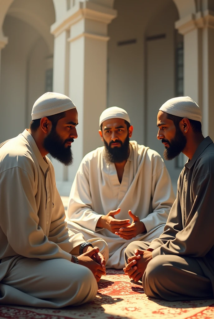 3 muslim person sitting and discussing full body image only persons no other objects male persons only