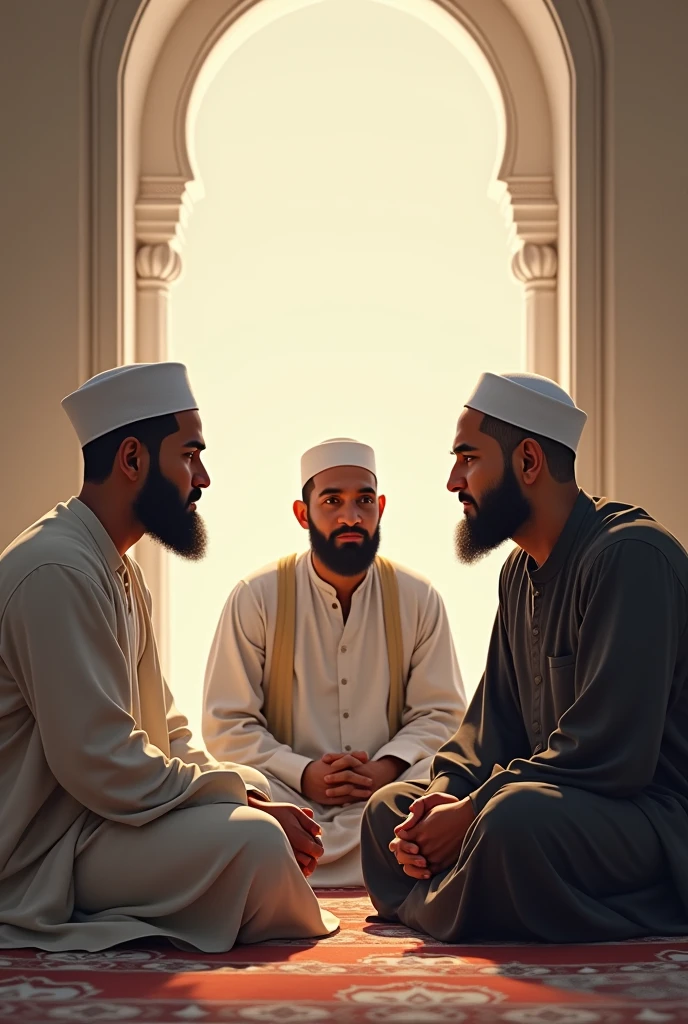 3 muslim person sitting and discussing full body image only persons no other objects male persons only