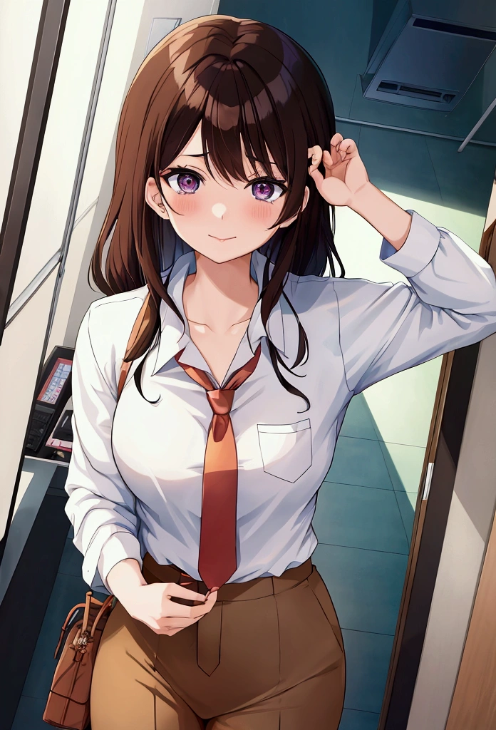 anime girl with brown hair and a white shirt with a tie holding a cell phone, kusanagi, Otro iwakura, as anime character, in an anime style, female protagonist 👀 :8, Inspired by Yuki Ogura, Inspired by Matsumura Goshun, Moe anime art style, anime style character, in anime style, Otro iwakura