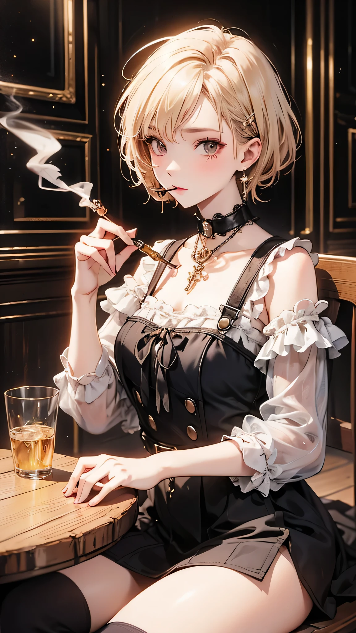 Short-haired female cowboy in a western saloon,blonde,Sitting,Smoking Pipes,table Wisky,piano,6-shot revolver,Barrel,table,Trump,Dust,artwork,3d,4K,detailed,Realistic