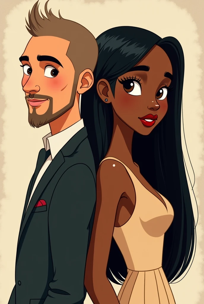 Disney style image of a light-skinned man, stark, shaven hair, shaved beard, long nose; lado a lado com uma mulher negra e stark de cabelo liso comprido