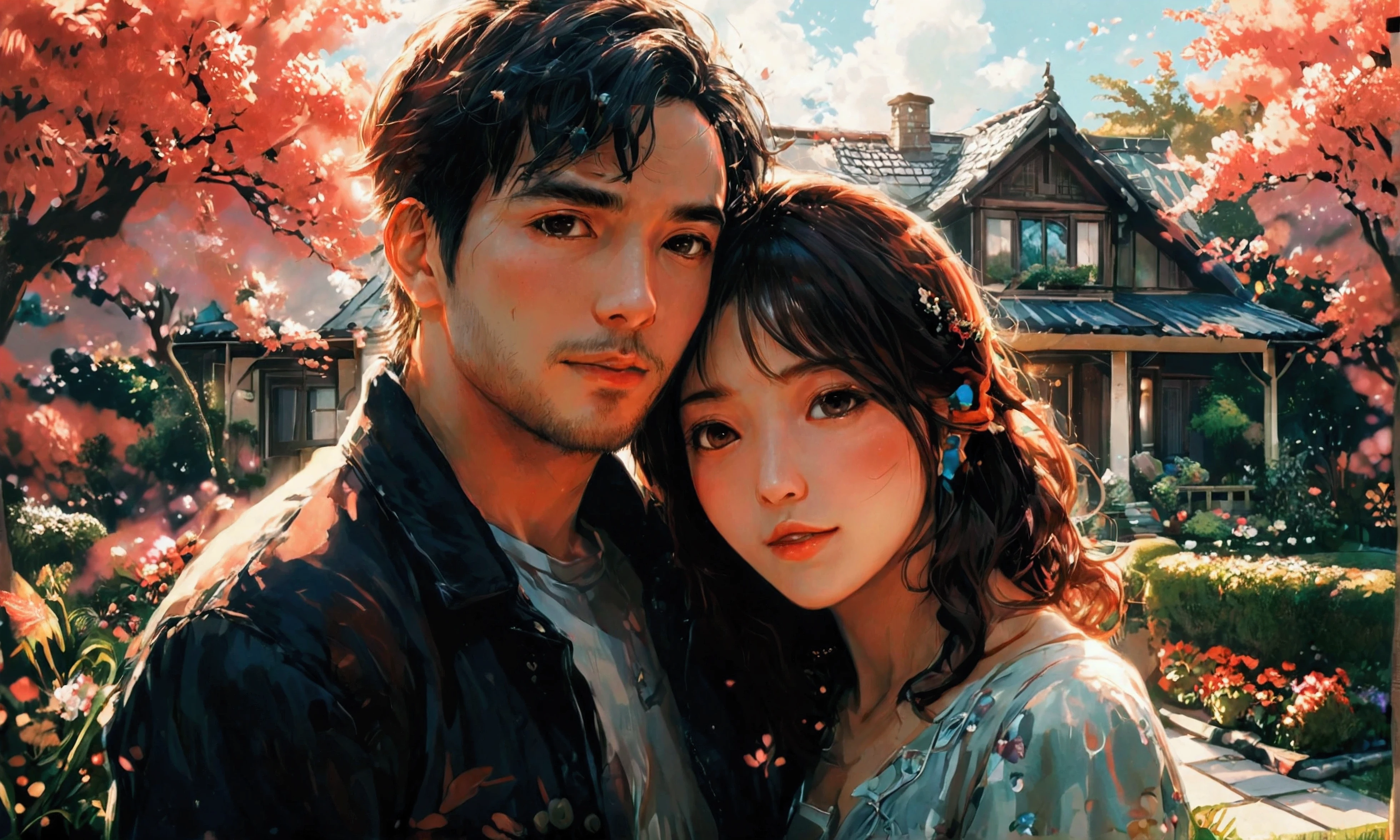 A HUSBAND AND WIFE COUPLE IN FRONT OF A BEAUTIFUL HOUSE WITH GARDEN, manga style, manga style art, manga style art, manga style art, manga style