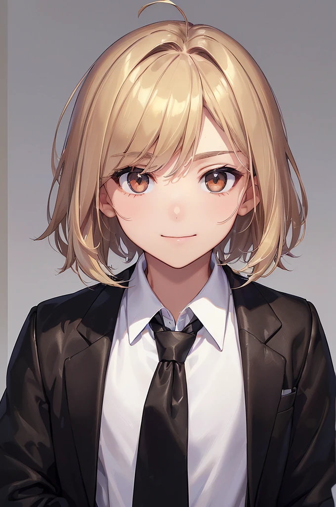 (((masterpiece; best quality: 1.2))), (finely detailed eyes: 1.3), ((1 male teen)), ((solo)), (brown eyes: 1.4), (body shape; lean, masculine, manly: 1.3), (very short blond hair: 1.3), (clear background: 1.2), ((depth of field)), (equipment: school uniform + black jacket + black necktie + white shirt: 1.3), (anime illustration: 1.2), (background composition; japanese classroom + day: 1.1), (extremely handsome: 1.1), (shot composition; standing + centered on face + medium-shot close-up: 1.5), (facial expression; calm + smile: 1.2)