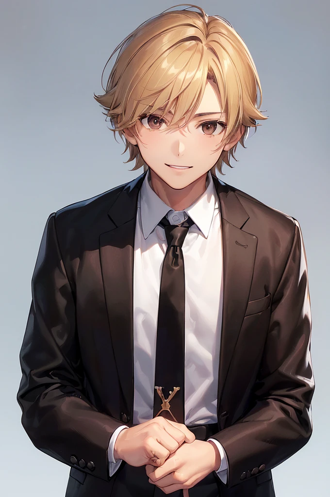 (((masterpiece; best quality: 1.2))), (finely detailed eyes: 1.3), ((1 male teen)), ((solo)), (brown eyes: 1.4), (body shape; lean, masculine, manly: 1.3), (very short blond hair: 1.3), (clear background: 1.2), ((depth of field)), (equipment: school uniform + black jacket + black necktie + white shirt: 1.3), (anime illustration: 1.2), (background composition; japanese classroom + day: 1.1), (extremely handsome: 1.1), (shot composition; standing + centered on face + medium-shot close-up: 1.5), (facial expression; calm + smile: 1.2)