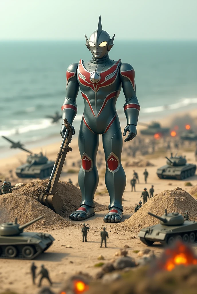 ultraman digging use big digger at sand. army day bomb . sea, beach . everywhere lot of soldier in battlefield.world war 2. tilt shift photography. lot of war. tank.aircraft 1940. air drop