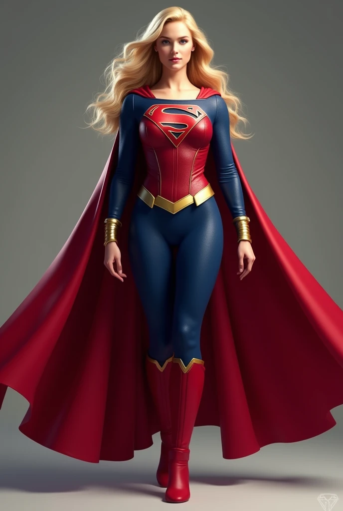 (((Jennifer Lawrence under the mantle of the Kryptonian Kara zor-El aka Supergirl long blonde hair Red corset suit and blue leggings with red boots red cape))),(((Long gold bracelets)))