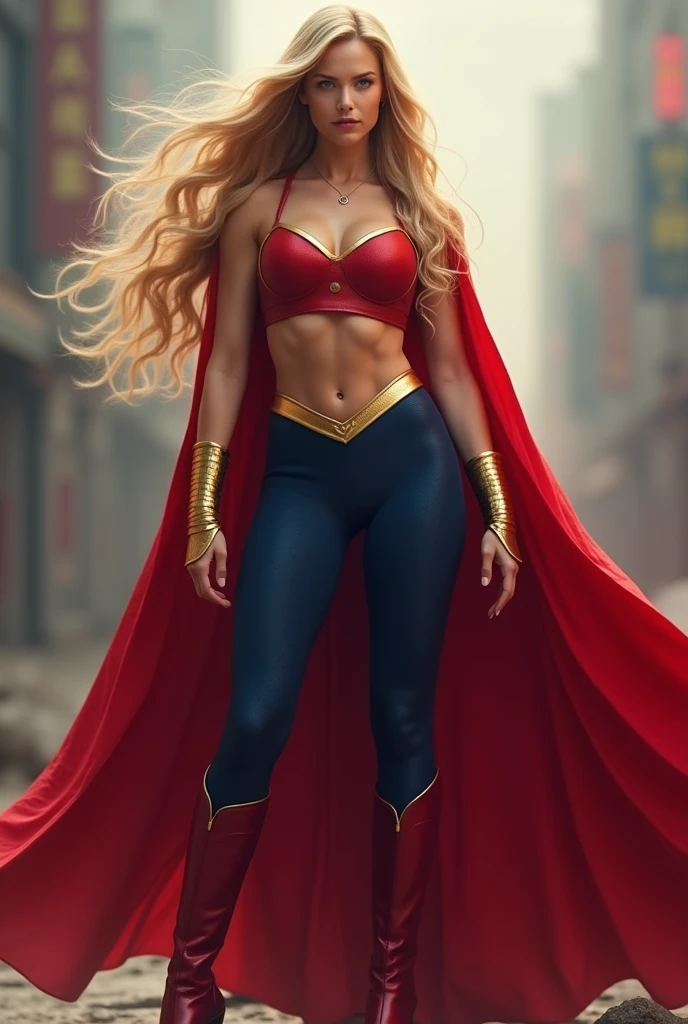 (((Jennifer Lawrence under the mantle of the Kryptonian Kara zor-El aka Supergirl long blonde hair Red corset suit and blue leggings with red boots red cape))),(((Long gold bracelets)))