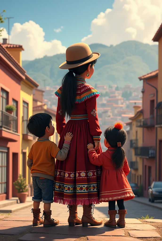 A little one (Cholita from the center of La Paz, Bolivia ) with her son and daughter looking forward with the city of La Paz in the background