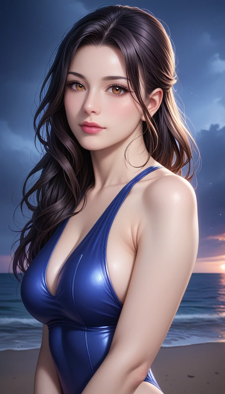 score_9, score_8_superior, score_7_superior, High resolution 3D anime style,A masterpiece in 32K resolution,Highest quality,it is really amazing,Very detailed,Ultra-high resolution,Ultra-realistic,Realistic,Increased depth of field,Cinematic lighting,
(Sexy mature Japan woman:1.1),
Straight long hair with black hair,Ultra-detailed and beautiful face,Calm and gentle look,Beautiful brown eyes,Translucent white skin,Realistic skin texture,Great proportions,
Elegant high leg swimsuit,
Simple design,Chic color scheme,Detailed fabric texture,
(Dark overcast sky on a dull night:1.1),(Dark clouds filling the sky:1),(Thundercloud:1),Coastline at night,Stormy seas,(delay々A desolate sandy beach that continues:1),
Cinematic Angle,