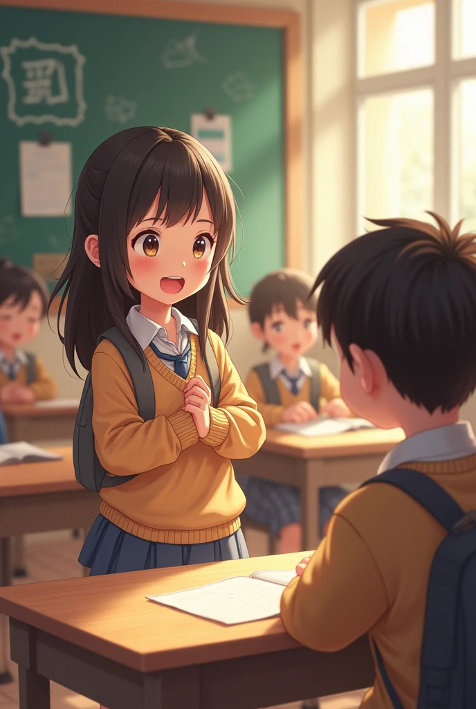 A school girl greeting her friends and a nervous boy in a classroom