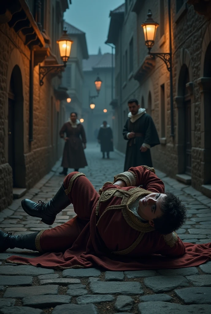 Person falling to the ground with a stroke. The scene should be in the 1500s at night