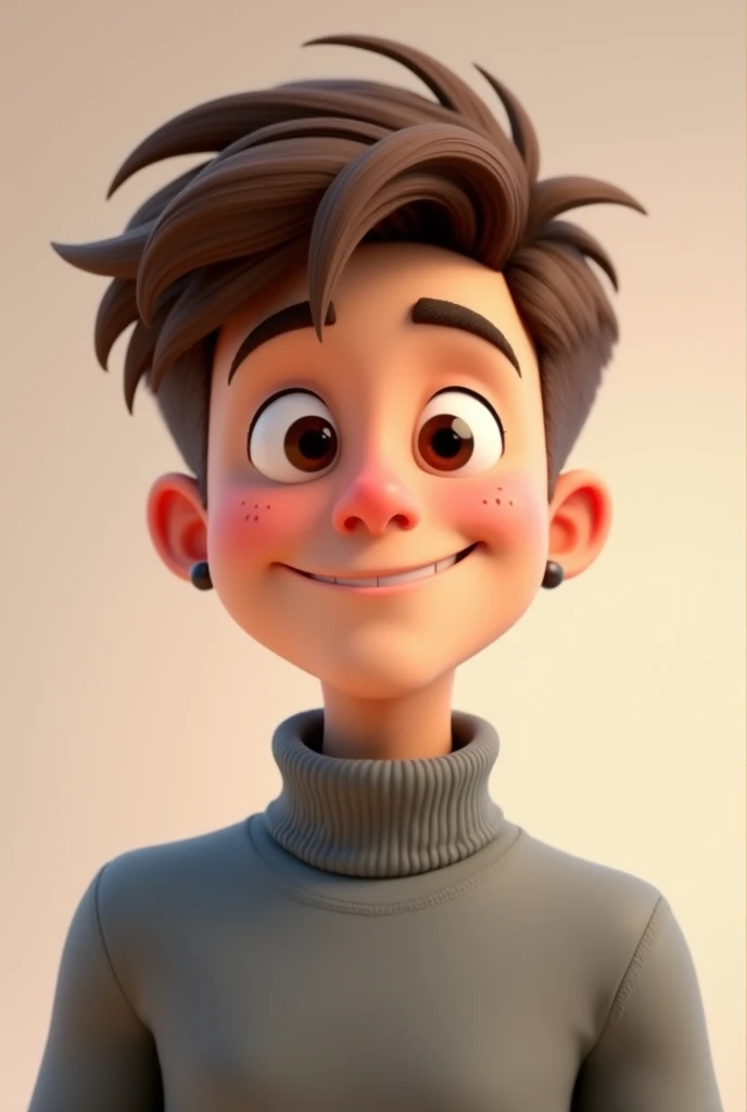 A young man , with short brown hair, small hoop earrings, square face, and brown eyes, wearing a gray turtleneck. 3d cartoon, looking straight ahead, glad.