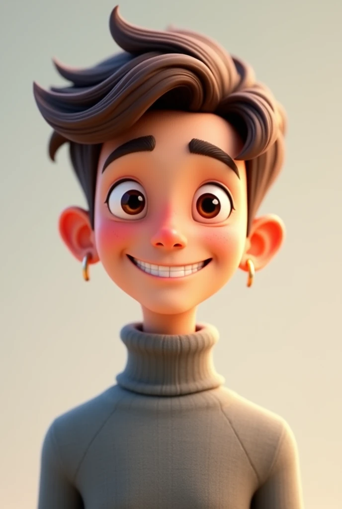 A young man , with short brown hair, small hoop earrings, square face, and brown eyes, wearing a gray turtleneck. 3d cartoon, looking straight ahead, glad.