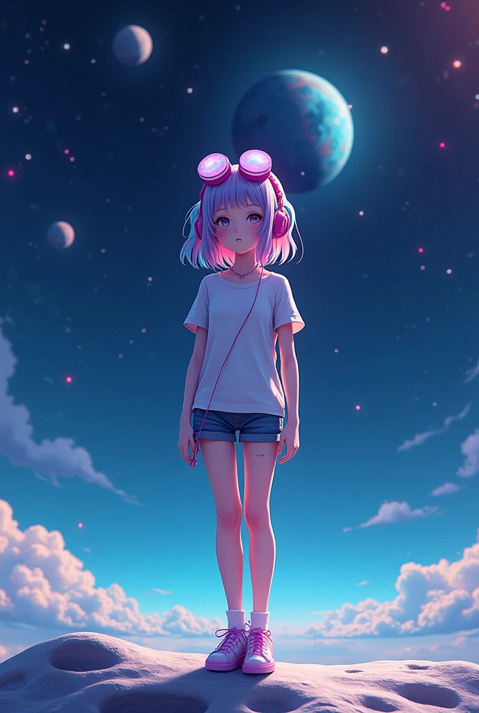A girl wearing shorts and small top standing on the moon with space in the background, stars, planets, multicolored hair, goggles, headphones, eyes closed, Futurism, Disney, glowing light, sparkle, chromatic aberration abuse, atmospheric perspective, UHD, retina, high quality, highres, 16k
