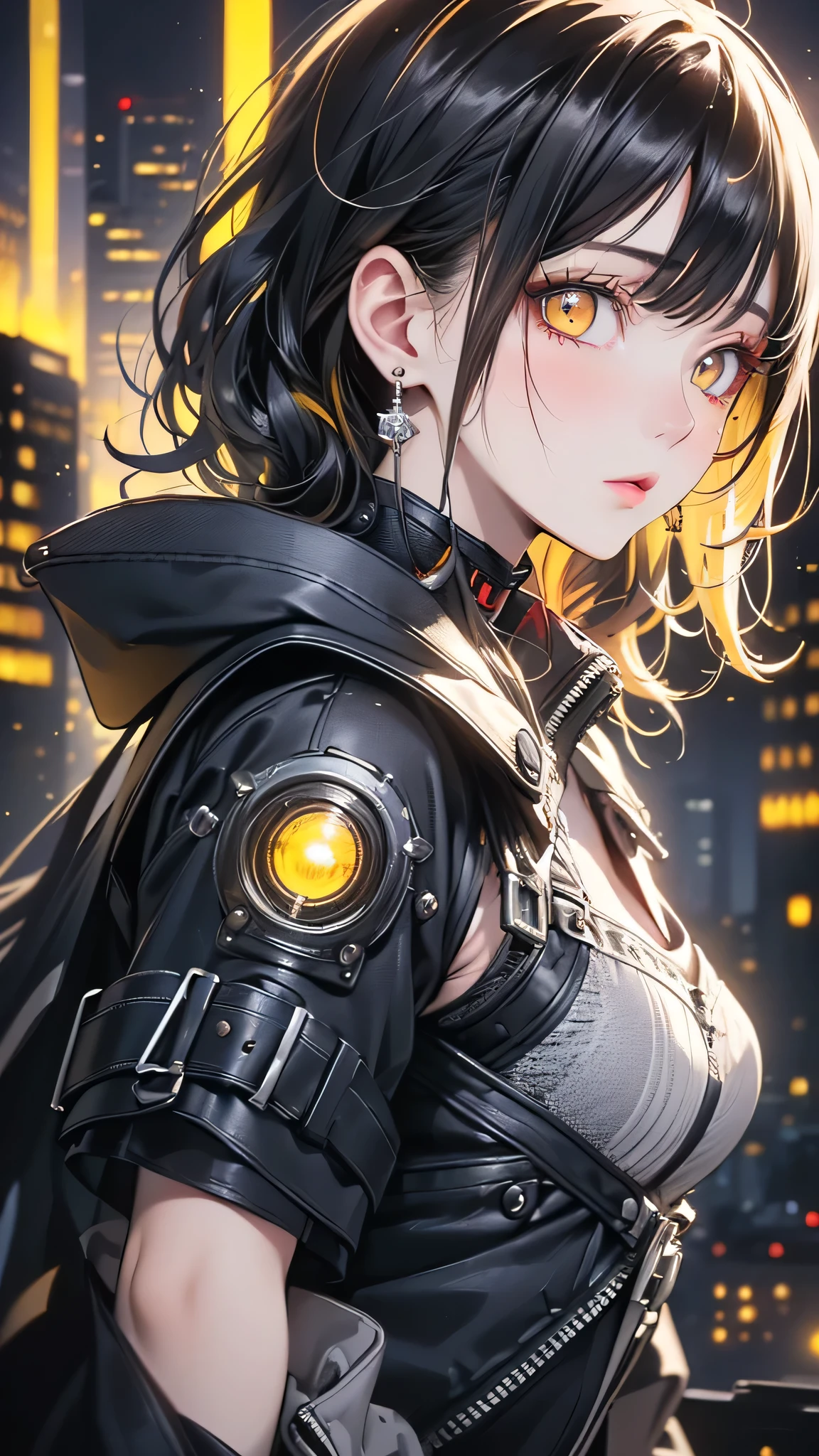 (masterpiece:1.3), (Best Cinematic Quality:1.2), (Very detailed settings:2), (soft+Artistic lighting), (Beautiful woman), solo, One person, ショートヘアred, (Yellow eyes+red:1.4), (red目+Heterochromia iridis), wearing cyberpunk clothes, Futuristic, Technical, Cityscape, Creating a dramatic landscape.