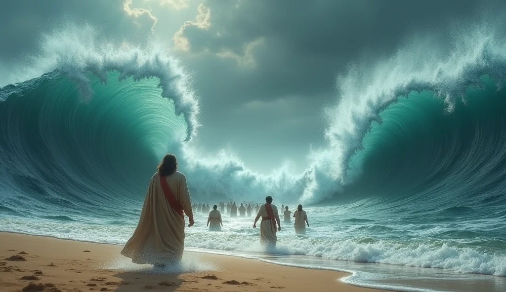 imageio: The Hebrew people crossing the Red Sea, com waters se dividindo ao lado, in a moment of great tension.
Main Elements: Hebrew people, water, Moses in front.
Background: cloudy sky, com tons de azul e gris.
colors: cerulean, gris, sand.
Visual Style: Dramatic and cinematic.
Composition: Moses in front, people behind, waters erguidas.
Emotions: Tension and hope.
