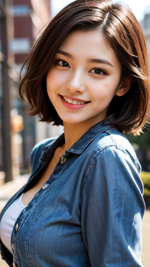 8k,Highest quality,(masterpiece:1.2),(Realistic),(Realistic:1.37),Ultra-high resolution,1 female college student,city,smile,Beautiful Eyes,(((Cute casual clothes))),Big Breasts,Perfect body,Perfect Fingers,Professional Lighting,gravure,Detailed face and skin texture,fine grain,RAW Photos