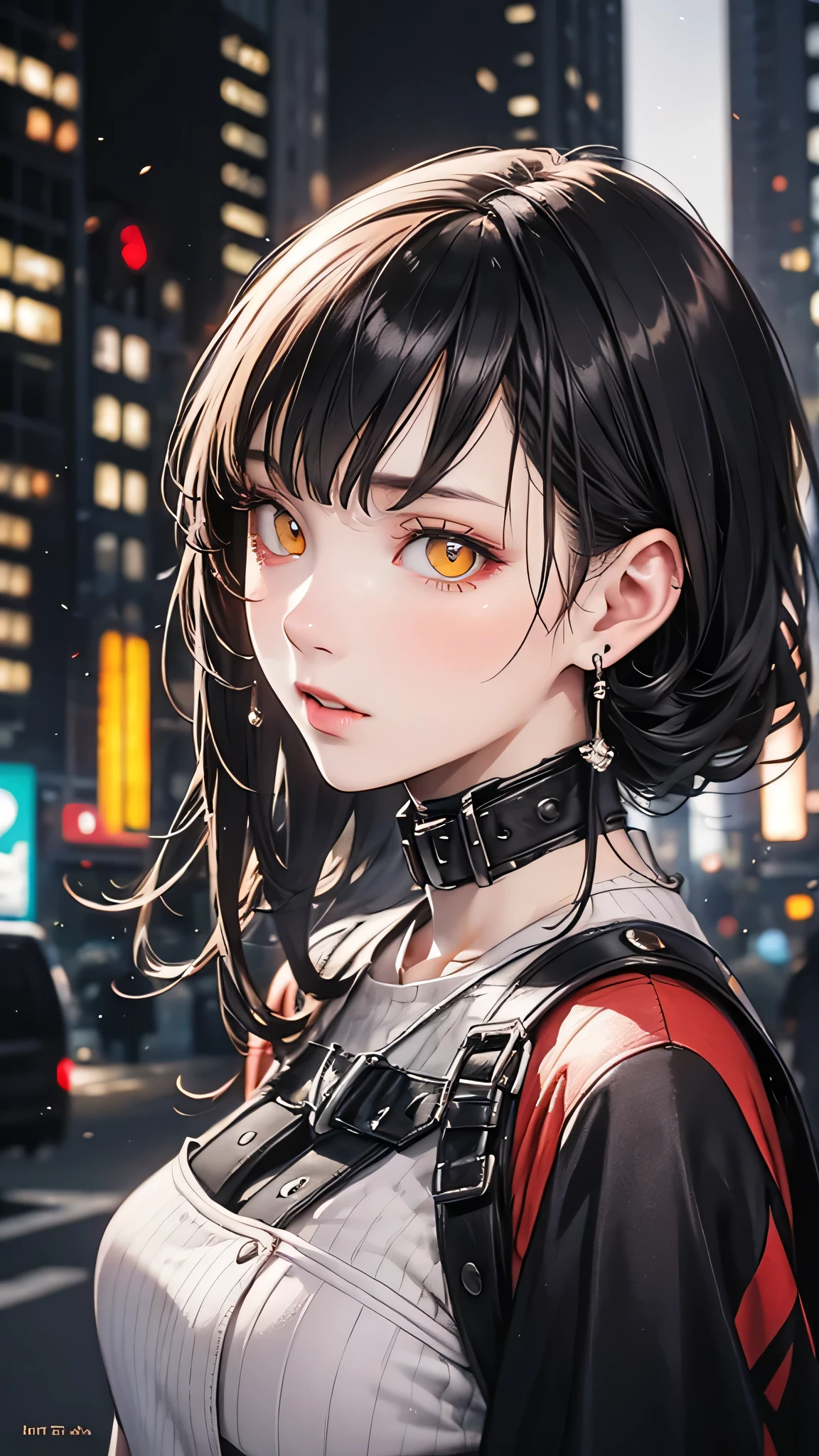 (masterpiece:1.3), (Best Cinematic Quality:1.2), (Very detailed settings:2), (soft+Artistic lighting), (Beautiful woman), solo, One person, ショートヘアred, (Yellow eyes+red:1.4), (red目+Heterochromia iridis), wearing cyberpunk clothes, Futuristic, Technical, Cityscape, Creating a dramatic landscape.