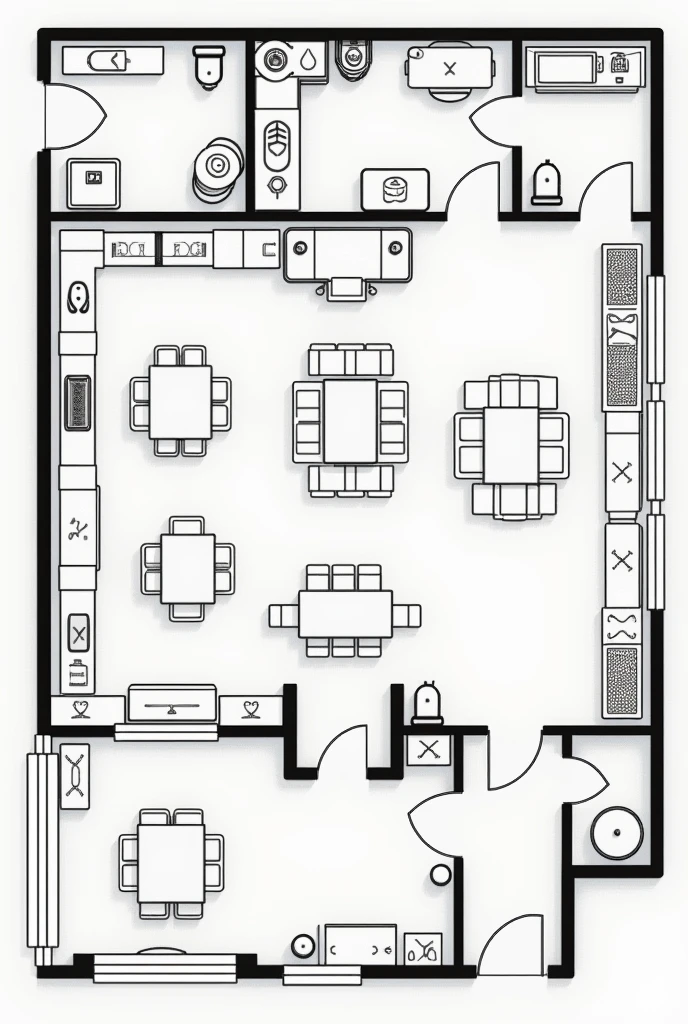 Make me a floor plan of a restaurant and place the tables in an orderly fashion, with the bathroom in one corner and the kitchen in the other corner.