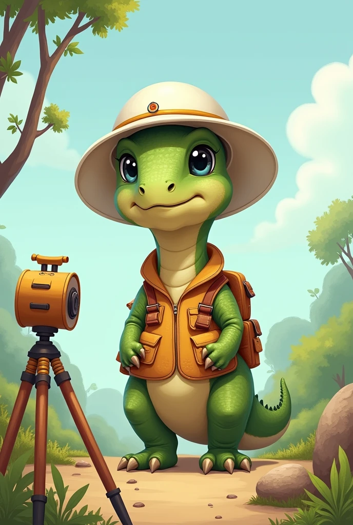 Cute  dinosaur drawing, a surveyor, with a surveying station and a surveyor's vest with a white helmet 