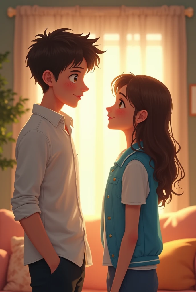 I need an 18-year-old boy dressed in a white shirt and black pants watching a short young woman in the distance in a living room, she should dress casually, but must wear a blue vest on the torso. The young man should reflect love at first sight, while she should have a smile of innocence.