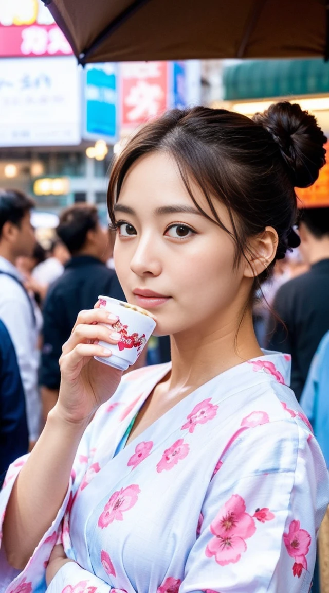 Dark brown hair、Light brown eyes、Japanese actress、 Lady、I am about 40 years old..、(Intricate details:1.2)、(Which is higher???:1.4)、 (Ultra-high resolution:1.2)、Ultra-high resolution、(Fine-tune)、(Detailed facial features)、Hmph、8k resolution、D cup size breasts、Long Hair、Hue、night、,Full body photo、Updo、Enjoying the festival、Japanese Festivalsの活気ある光景. The woman is wearing a floral yukata.,Wearing a summer yukata. They have festival foods such as takoyaki and cotton candy..nightのお祭り、Summer festival、Japanese Festivals、night祭り、A street lined with stalls selling takoyaki, yakisoba, and other street food.、