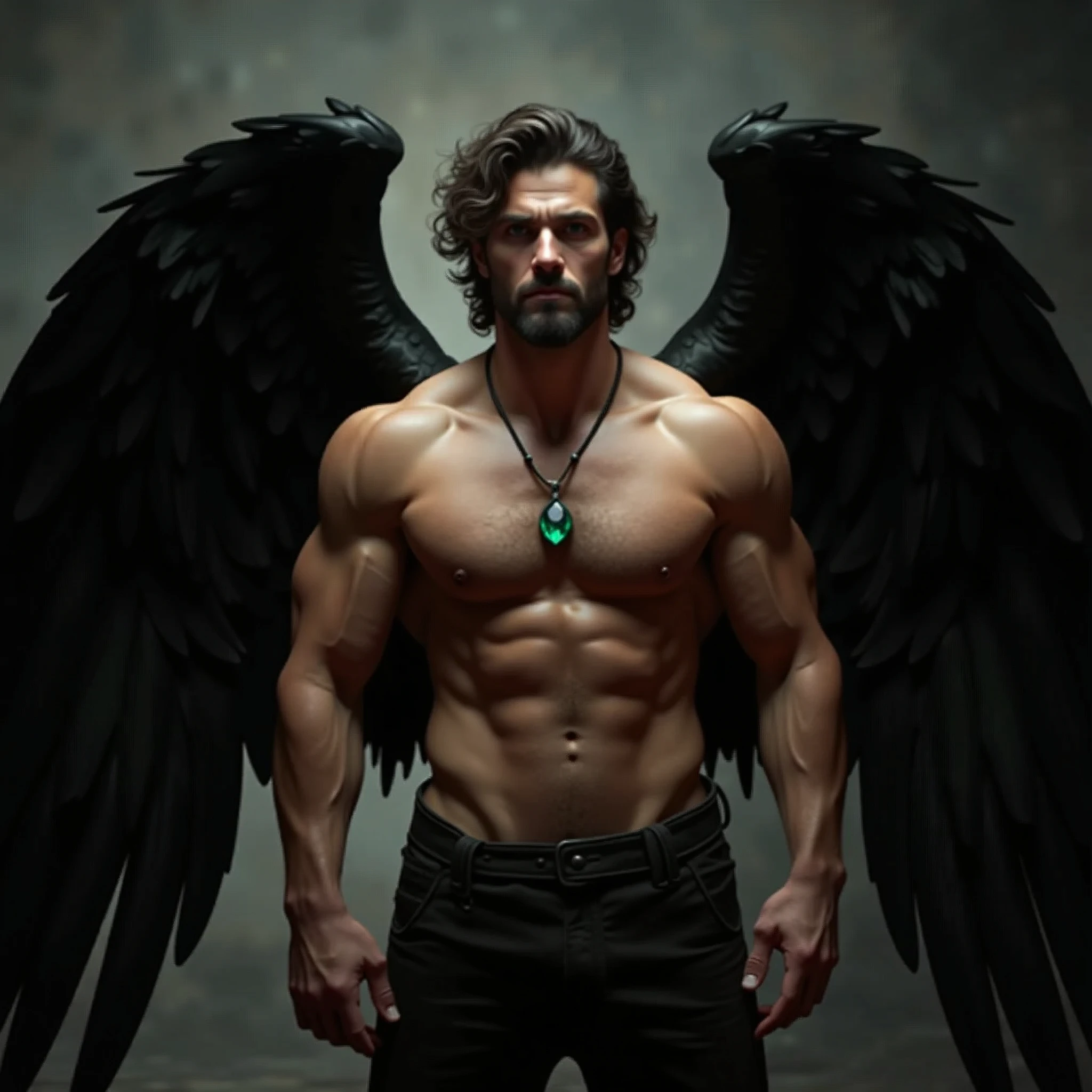 ((fallen Angel! large black angel wings! perfect composition)) ((Unintentionally exposing chest muscles.)) body hair, ((chest hair++)), elegant macho, male face, attractive face, Elegant and attractive, elegant hombre, Attractive man, elegant, posing attractive, Attractive man, 30 year old man！Raise your little head, Chimney ((first portrait!)) Headspace! Charming and serious look (hombre elegant，Minimal Dress,  in an embarrassing position，Perfect body anatomy，Beautiful man face detail，perfect foot，perfect hand！Ultra low angle shot! An image of a character wearing a necklace with an emerald crystal, realistic muscles, human representation style, meritocracy, the romantic academy, State-sanctioned Violence, whole body, dark gym, coloring Waiting to start.