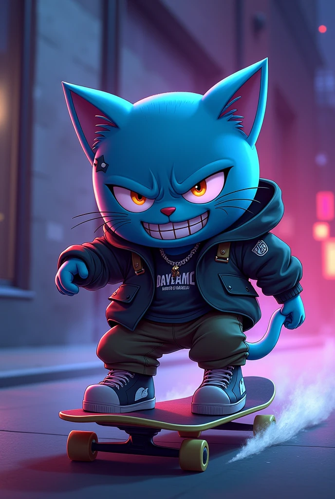 Personagem gumball da serie animada "the amazing world of gumball" wearing gangster-style skater clothes, on top of a skateboard with high-speed effects, With a malicious smile, scar on eye, earring in ear, a night with shades of lighting pulled towards purple and a touch of blue, Arte estilo de anime