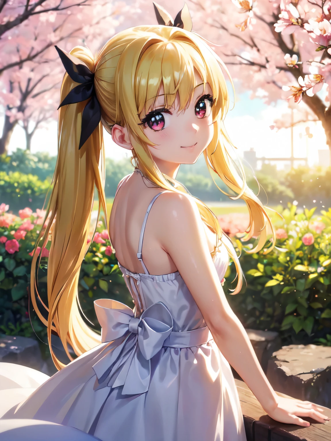 Highest quality、(Anime illustration style:1.3),High resolution、whole body、Standing、garden、Make Testarossa, Blonde、Twin tails、Beautiful and attractive red eyes、Black Ribbon、smile、Very detailedな顔、Closed Mouth、smile、camisole、Long skirt、1 person、Beautiful Eyes, Sharp pupils, Sharp focus, (Very detailed, bloom, Shine:1.5)、(Genuine、Realistic、Realistic:1.2)、High resolution、超High resolution、Shooting from behind、Cowboy Shot