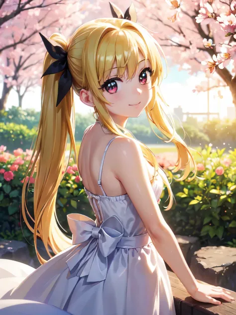 highest quality、(anime illustration style:1.3),high resolution、whole body、standing、garden、make testarossa, blonde、twin tails、bea...